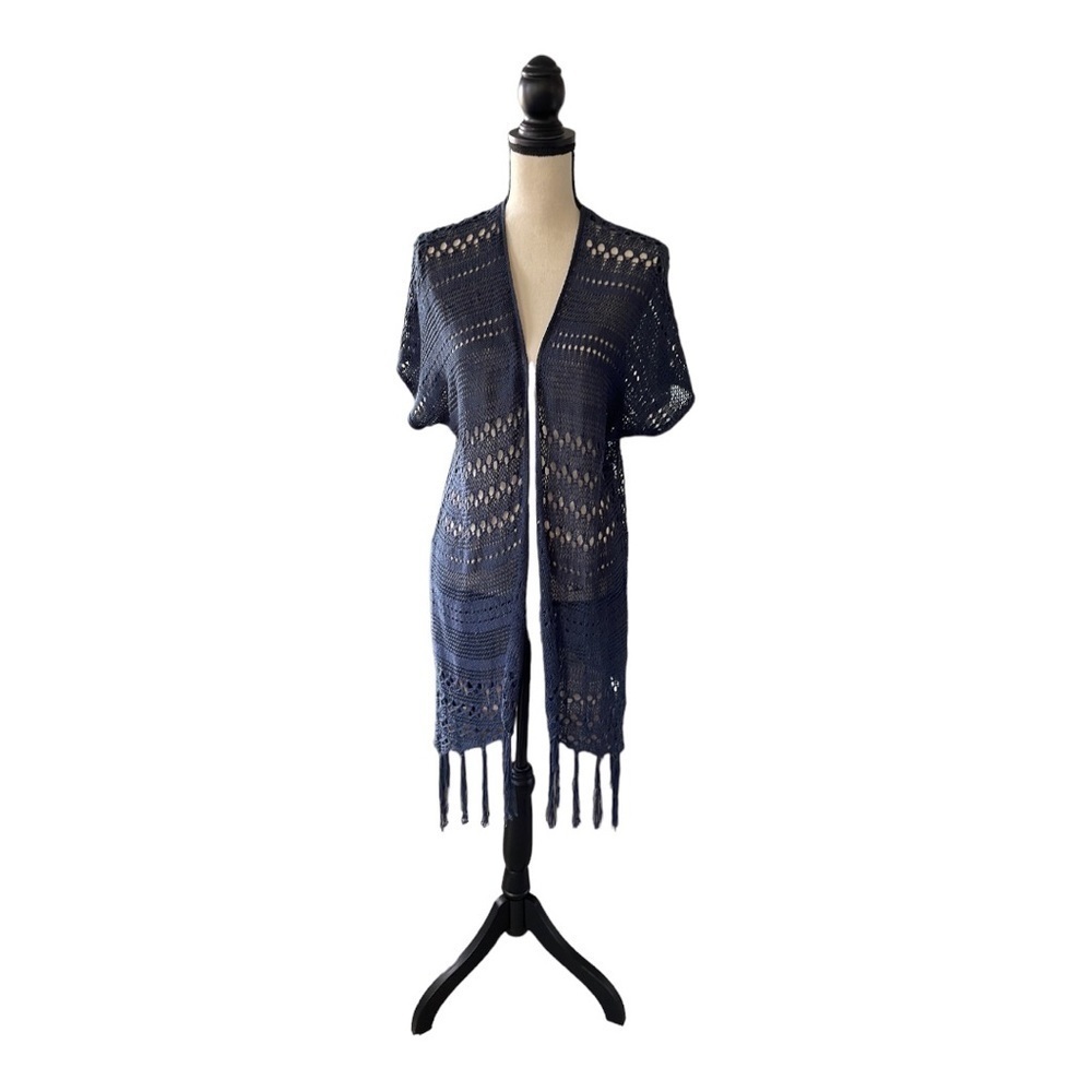 ♥️ARTESIA♥️WOMENS Crochet Blue Duster With Fringe -size XS/S